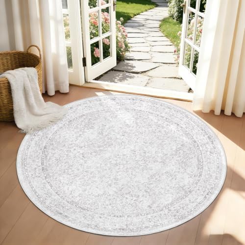 Round Rugs 4ft Vintage Floral Small Circle Rug, Washable Non Slip Soft Low Pile Stain Resistant Carpet for Living Room Bedroom Entryway Dining Room (FloralGrey, 4' Round) by LOSBULAKE