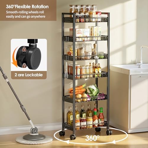 6 Tier Slim Storage Cart, Narrow Rolling Cart with Wheels, 6in(W) - Image 4