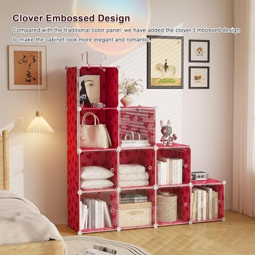C&AHOME Clover Embossed 10-Cube Storage Organizer with Door Cube Shelf Red - Image 5