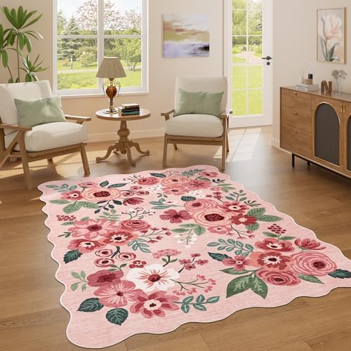 DUKINO 4x6 Area Rug, Non Slip Floral Washable Rug for Living Room, Pink - Image 3