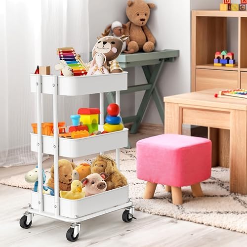 Simple Houseware 3-Tier Utility Cart, Low 24" Height Fits Under Desk, White - Image 5