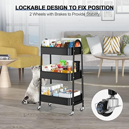 EAGMAK 3 Tier Utility Rolling Cart, Metal Storage Cart with Handle and Lockable Wheels, Multifunctional Storage Organizer Trolley with Mesh Baskets for Kitchen, Living Room, Office, Garage (Black) - Image 4