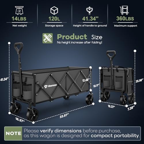 HIKEMOON 34'' Extra Long Folding Portable Wagon Cart, 120L 360LBS Grey - Image 4