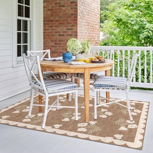 4x6 Covered Outdoor Patio Rug - Washable Front Door Mat Entry Rug Non-Slip Large Doormat Tan Brown Cottage Farmhouse Scalloped Area Rugs for Living Room Entryway Foyer Double Door Porch Decor - Image 6