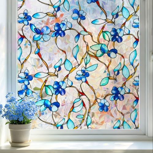 Rainbow Window Privacy Film, Heat & UV Blocking Stained Glass Static Cling with Blue Vine Floral Pattern for Home, Bathroom Window or Door (Installation Tools, 23.6"×78.7") by Unknown