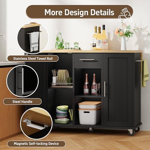 Shintenchi Kitchen Island with Storage, Bar Cart Cabinet Island Table on Wheels, Rolling Microwave Cart for Kitchen with Drop Leaf, Drawers, Towel Rack, Seating Area for Dining Room, Black - Image 4