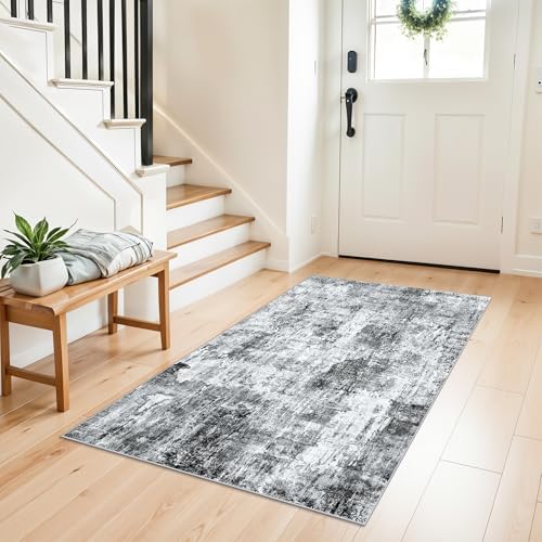 3x4 Washable Entryway Area Rug - Non-Slip Modern Small Indoor Mat for Bathroom,Living Room,Bedroom - Abstract Neutral Soft Low-Pile Throw Carpet with Rubber Backing（Grey） by ZHXXUJ