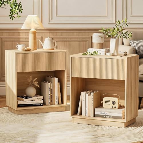 Fluted Nightstands Set of 2, Modern Bedside Table with Storage Drawer and Open Wood Shelf, Wood End Table Mid Century Night Stands for Bedroom Living Room Sofa Couch Office Oak by INNODToddlerTower