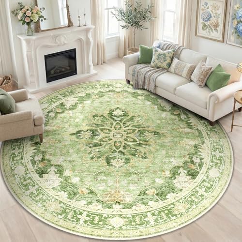 RELEANY Washable Area Rug, Round 8ft, Green/Yellow by RELEANY