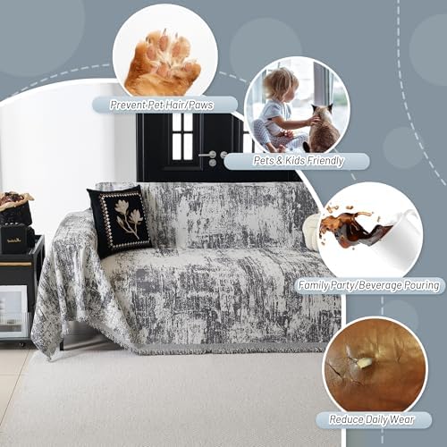 MYSKY HOME Boho Couch Cover for Dogs Washable Deep Grey Abstract Couch Sofa Protector for Loveseat Sofa Pets Friendly Chenille Geometric Sofa Covers Soft Durable Farmhouse Sofa Slipcovers, 91" X118" - Image 3