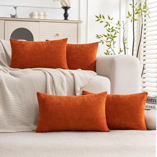 Set of 4 Soft Textured Decorative Throw Pillow Covers 12x20 Inch Cozy Farmhouse Cushion Cover Square Accent Pillow Cases for Bed Couch Sofa Living Room, Burnt Orange by Cozoomy