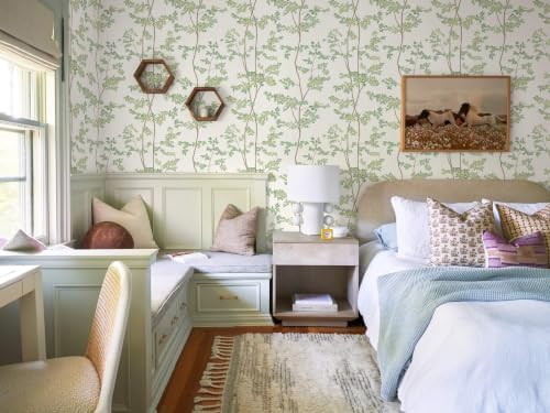 Ismoon Green and Beige Forest Peel Stick Wallpaper for Modern Bedroom Wall | Renter Friendly Viny Wallpaper Tree Leaf Contact Paper Removable Self Adhesive Waterproof Textured 17.3x196in - Image 6