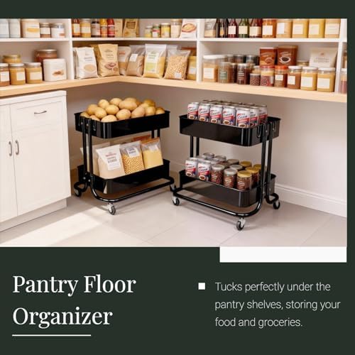 2 Tier Cart with Wheels Heavy Duty Metal Rolling Storage Cart for Under Desk Storage, Short Small Utility Shelf for Pantry Kitchen Bathroom Laundry, Home Organizer with Large Basket, Black - Image 3