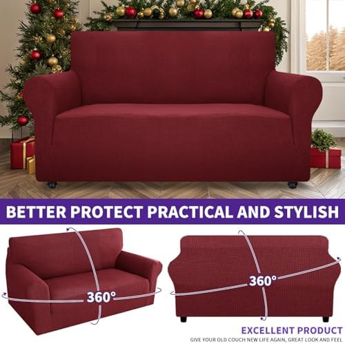 ZNSAYOTX Super Stretch Couch Cover Love Seat Sofa Covers for Living Room Dogs Pet Friendly Furniture Protector Spandex Loveseat Slipcovers with Anti Slip Foam Sticks (Wine Red, Loveseat) - Image 2