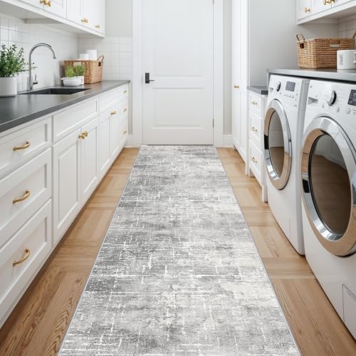 2'6x14 Abstract Kitchen Area Rugs: Farmhouse Washable Non-Slip Long Hallway Rug Soft Stain-Resistant Entryway Bathroom Floor Mat Low-Pile Nursery Living Room Bedroom Carpet(2'6x14,Light/Grey) - Image 5