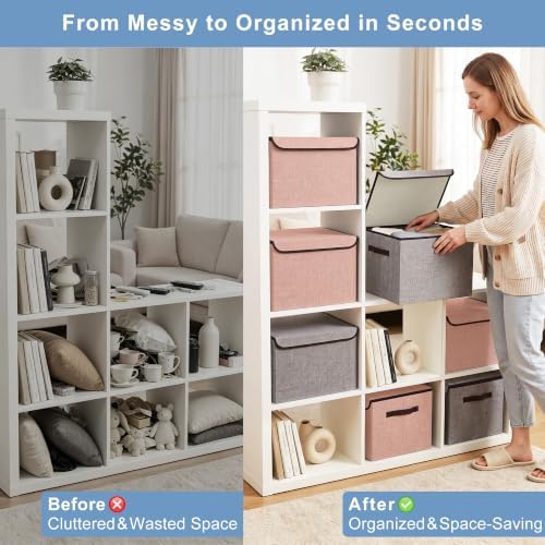 Bagnizer Linen Fabric Foldable Storage Cube Bin Organizer Basket with Flip-Top Lid & Handles, Large Clothes Blanket Box for Home, Office, Closet, Gray & Pink, 4 Pack 14.6 x 9.5 x 9.5” - Image 2