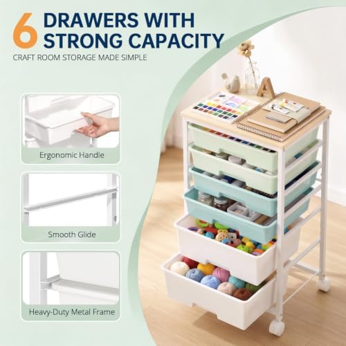 Delamu Rolling Storage Cart with 6 Drawers, Utility Craft Storage Cart - Image 3