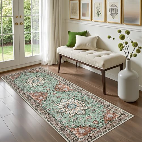 Hallway Runner Rug: 2.6x8 Kitchen Rugs for Living Room Brown Green - Image 2