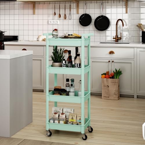STEEHOOM Utility cart with Tabletop 4 Tier Rolling Cart Organizer with Wheels Movable Storage Cart for Office, Living Room, Kitchen, Craft Room, Green - Image 4