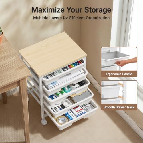 Pipishell Rolling Cart with 5 Drawers, Craft Storage Cart, Class White - Image 4