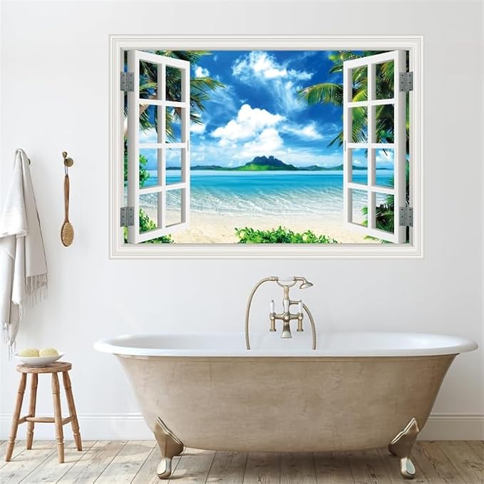 ‌Lmyhome Fake Window Wall Mural Blue Sky Ocean Beach (48"x32") | Peel and Stick Faux Window Wall Sticker Decal Poster for Bedroom Home Decor - Image 5
