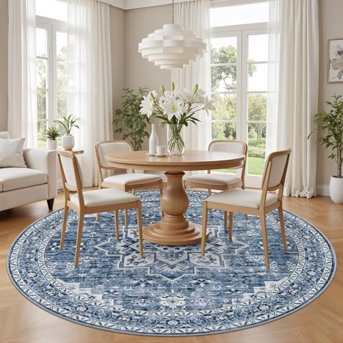 Round Area Rug for Living Room: 8ft Washable Rug for Bedroom Blue - Image 3