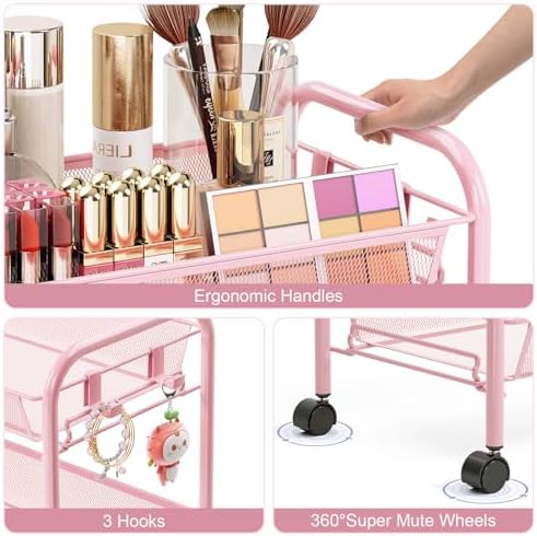 TOOLF 4 Tier Rolling Cart, Metal Utility Storage Cart with Wheels, Pink | 3 Hooks, Screwless Assembly, Trolley Organizer for Bathroom, Kitchen, Office, Nursery, Dorm, Laundry Room - Image 5