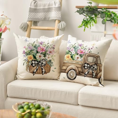 AVOIN colorlife Bless Our Home Eucalyptus Leaves Throw Pillow Covers, 18 x 18 Inch Spring Truck Cushion Case for Home Sofa Couch Set of 4 - Image 4