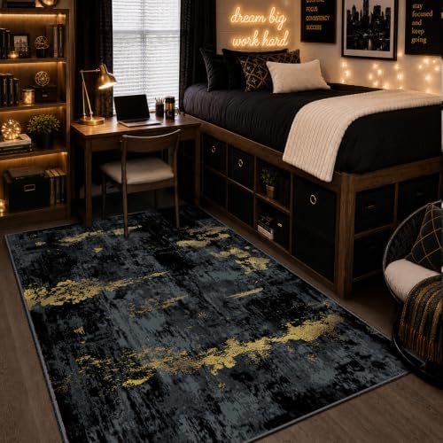 RELEANY Washable 4'x6' Abstract Area Rug for Living Room Black Gold by RELEANY