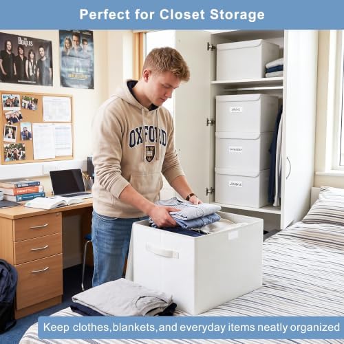 Bagnizer Large 17" 42 Quarts Collapsible Stackable Storage Bins with Lids [3-Pack] Foldable Fabric Linen Storage Boxes Cube, Closet Organizer Baskets with Label (16.7 x 12 x 12, White) - Image 3