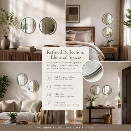 12 Inch Round Glass Mirror Set of 2, Sliver Metal Framed Decorative Mirror for Wall, Non-Distortion Small Rounded Wall Mirror for Entryway, Bathroom, Office - Image 7