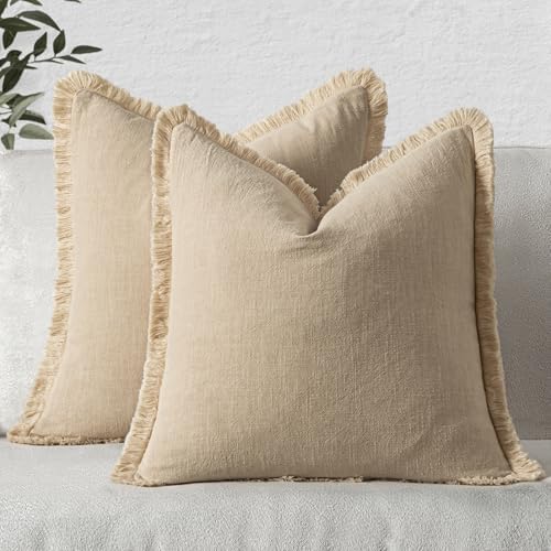 MIULEE Boho Linen Fringe Decorative Throw Pillow Covers Beige 16x16 by MIULEE