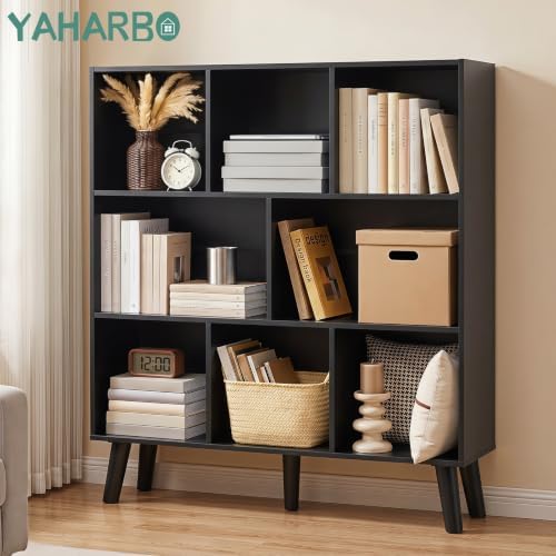 YAHARBO 8 Cube Bookshelf,3 Tier Bookcase with Legs,Black Mid-Century Modern Bookshelves,Large Free Standing Open Storage Organizer Shelf,Tall Wooden Book Case Furniture for Bedroom,Living Room,Office - Image 3