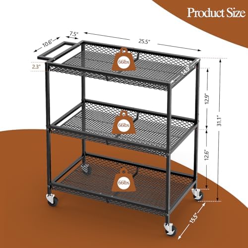 3 Tier Rolling Utility Kitchen Cart, Heavy Duty Wire Rolling Cart on Wheels, Commercial Metal Serving Carts with Handle, Kitchen Island Plant Shelf Food Storage Trolley for Laundry, Office, Garage - Image 3