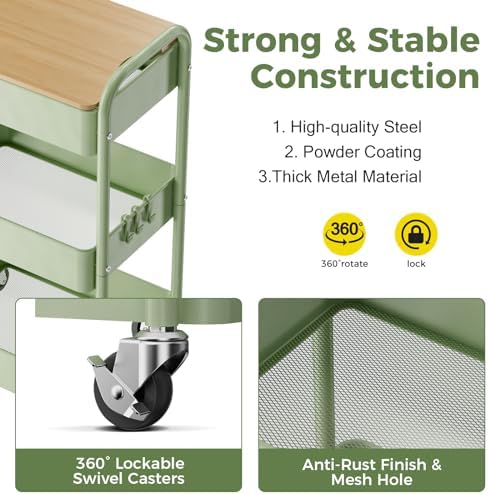 3 Tier Rolling Cart with Table top, Metal Rolling Utility Cart, Sturdy Storage Organizer Cart with Locking Wheels & Hooks for Office, Classroom, Kitchen and Bathroom - Image 2