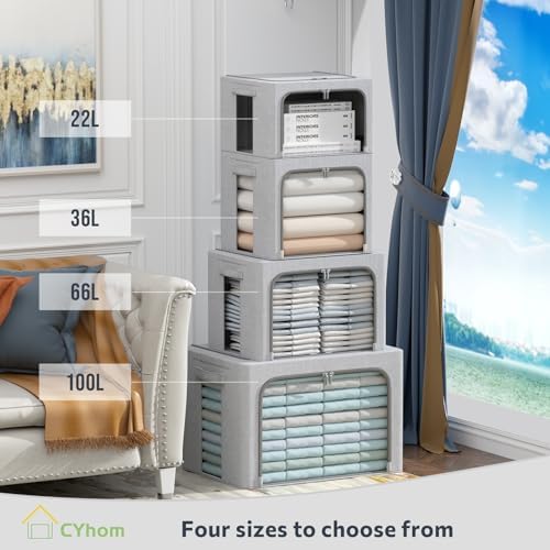 CYhom Clothes Storage Bins Box - Linen Fabric Foldable Stackable Container Organizer Set with Clear Window & Carry Handles & Metal Frame (Light Grey, Medium-36L) - Image 3