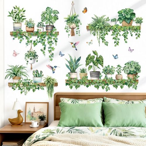decalmile Green Pot Plants Tropical Leaf Vines Leaves Wall Decals Stickers - Image 3