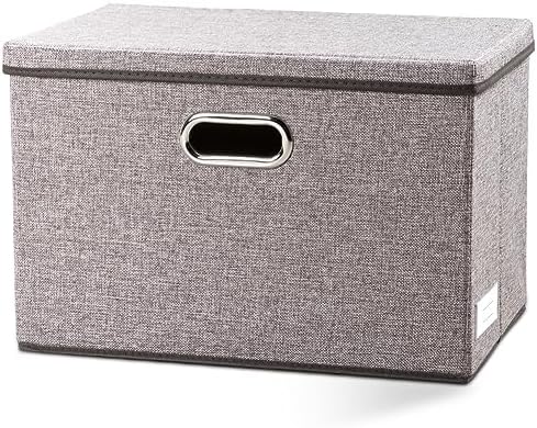 PRANDOM Large Foldable Storage Bin with Lid [1-Pack] Linen Fabric Decorative Storage Box Organizer Containers Basket Cube with Handles Divider for Bedroom Closet Office Living Room (17.7x11.8x11.8) by Prandom