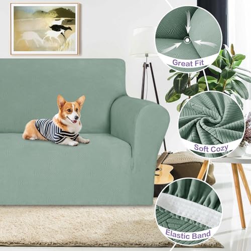 ZNSAYOTX Super Stretch Loveseat Covers (57"-70"), New Striped Love Seat Slipcover, Dogs Pet Friendly Anti-Slip Couch Protector Spandex Durable 2 Seater Fabric Sofa Cover (Pea Green, Loveseat) - Image 4