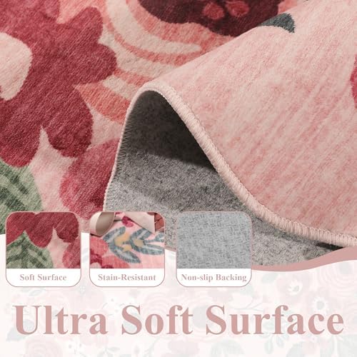 DUKINO 2x8 Washable Runner Rug, Floral Non Slip Kitchen Runner Rug, Pink - Image 7