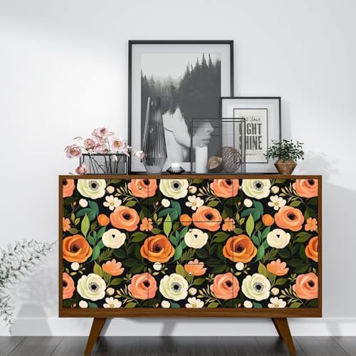Danodoi Orange Green Vintage Floral Peel and Stick Wallpaper 17.5" x 393" | Waterproof Vinyl Self Adhesive Removable Renter Friendly Floral Contact Paper - Image 2