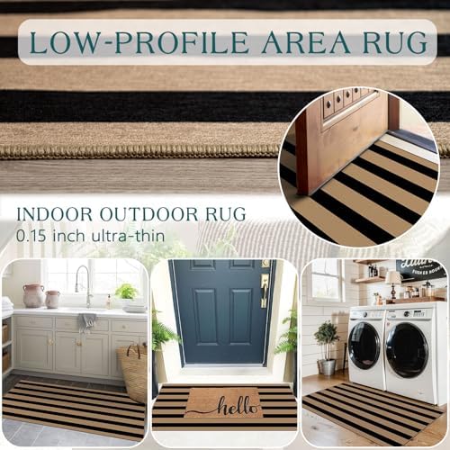 Front Door Mat Indoor Entrance - 2x4.3 Ft Black Tan Striped Rug - Image 6