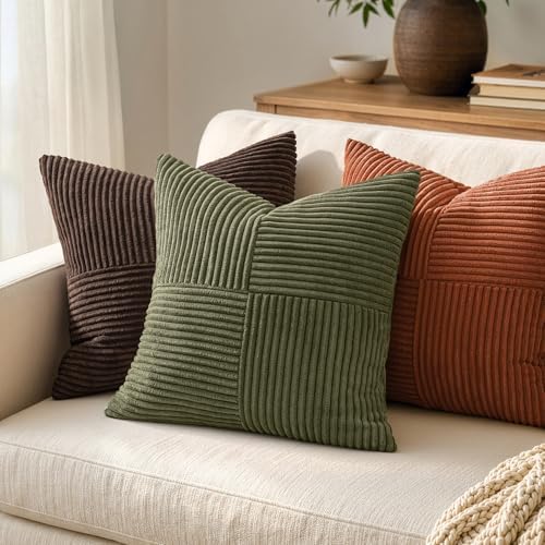 MIULEE Olive Green Decorative Euro Sham Pillow Covers 24x24 Inch for Bed Couch Sofa Spring Decor Pack of 2 Boho Farmhouse Throw Pillows Soft Cross Corduroy Patchwork Textured Cushion Cases - Image 3