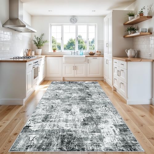 4x10 ft Extra Wide Hallway Rug – Non-Slip Washable Rubber-Backed Large Carpet Runner for Kitchen, Entryway | Modern Abstract, Low-Pile Thin Floor Mat for Bedroom Living Room Dining Room（Grey） - Image 3