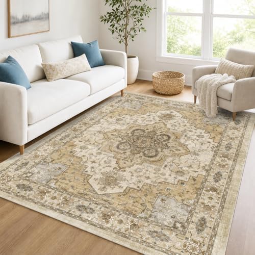 AMADA HOMEFURNISHING 8x10 Area Rug for Living Room, Vintage Washable Area Rug Low-Pile & Non-Slip Carpet for Bedroom Dining Room Nursery Home Office, Beige/Cream - Image 3