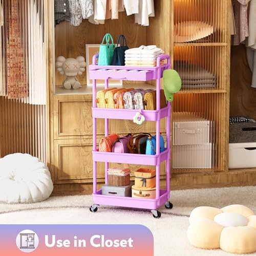 SUNALLY Makeup Cart Organizer with Drawer,4 Tier Rolling Makeup Cart,Purple - Image 6