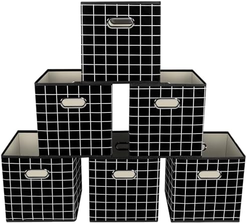 Yunkeeeper storage bins Cubes, Fabric Cube Organizer with Handle, Foldable Cube Bins for Cloth or Accessary Storage, 11x11x11, Set of 6, (Black grid) by Yunkeeper