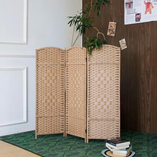 3-Panel Short Room Divider, 3.9 ft Freestanding Partition Wall, Light Brown Rattan Double-Sided Folding Screen for Living Room, Bedroom & Corner Privacy by Loomveil