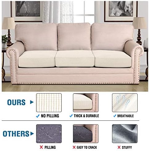 H.VERSAILTEX Super Stretch Individual Seat Sofa Covers Couch Slipcover Sets Thick Jacquard Textured Twill Fabric (3 Piece XL Sofa Cushion Covers, Natural) - Image 2