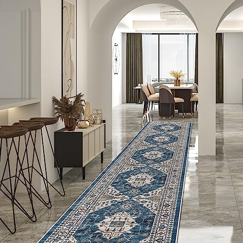 Hallway Washable Runner Rug - 2'6x14 Kitchen Rugs Entryway Rug Runner Vintage Soft Floor Mat Non Slip Indoor Farmhouse Carpet for Bathroom Living Room Bedroom (2'6''x14', Blue) by HYHAOYUNLAI